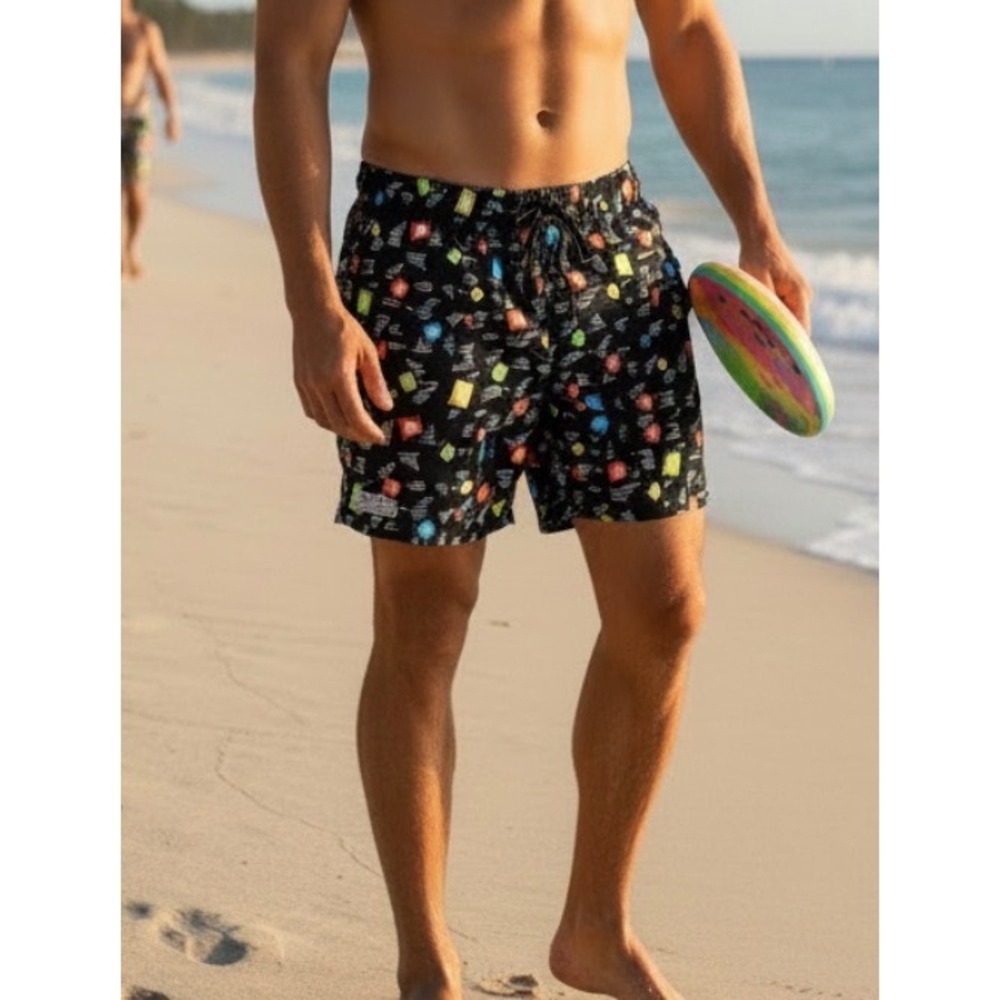 Chubbies Mens Swim Trunks Medium Black Retro Neon Geometric Graphic 5.5 Inseam